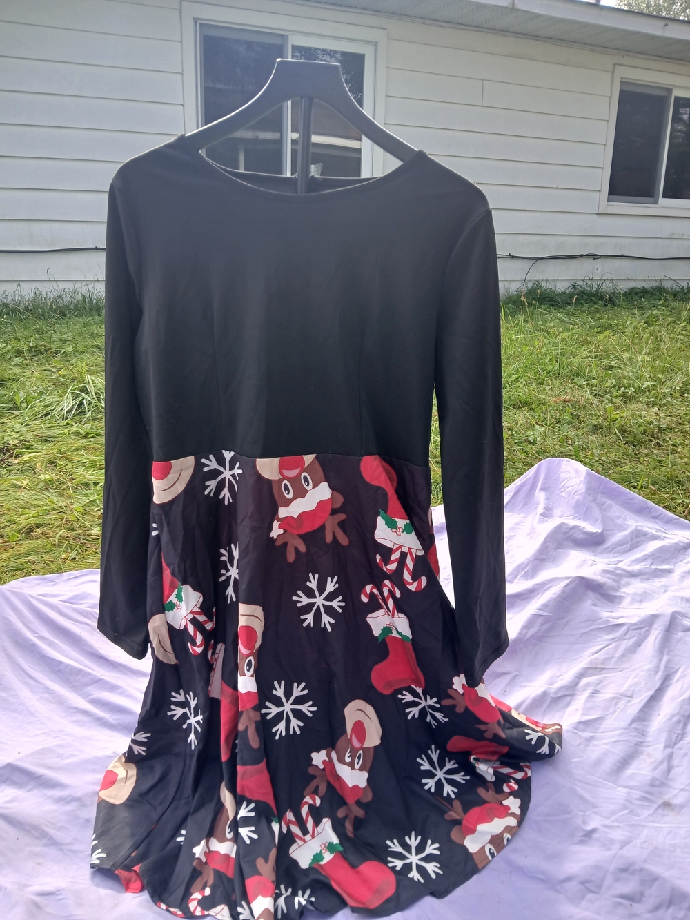 Black Holiday Dress with Festive Print Skirt